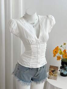 Elamini Women's Casual Deep V-Neck Pleated Petal Sleeve Blouse, Made Of Organic Cotton Jacquard Fabric - White - View 5