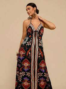 Travachic Plus Size Floral Print Open Back Dress For Women, Spring & Summer, Summer Outfits For Women, Beach Outfits For Woman, Women, Spring Break, Concert Outfit Women, Boho, Rave Outfits, Tropical Vacation - Black - View 7