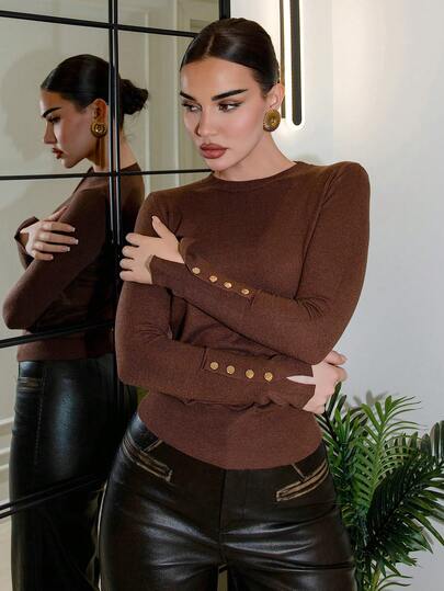 Bris Aura All-Match Round Neck Casual Versatile Long Sleeve Knit Undershirt Brown Long Sleeve Top Dark Brown Top Chocolate Brown Top Coffee Brown Top Brown Top Women