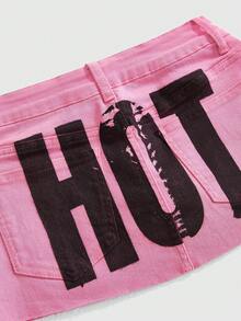 ROMWE Y2K 女士字母印花口袋纽扣休闲百搭约会外出牛仔迷你裙 - 粉色 - 查看 4