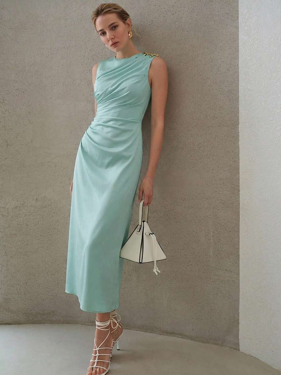MOTF PREMIUM ELEGANT BUTTERFLY METAL DECOR RUCHED MIDI DRESS, SUITABLE FOR DATES AND EVERYDAY WEAR - Mint Blue - View 1