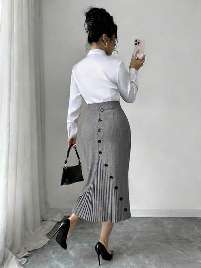 Elenzga 2026 Spring/Summer Elegant Ruched Button Decorated Pencil Skirt, Fitted Pencil Skirt, Daily Wear Skirt, Office Attire