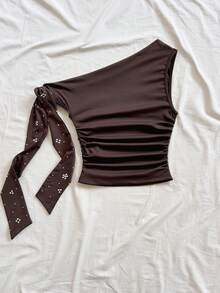 Blusa sin mangas con fruncidos y lazo frontal con lunares para mujer - Marrón - Ver 2