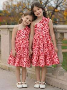 Emery Rose Kids 少女碎花无袖荷叶边休闲连衣裙 - 玫紅色 - 查看 1