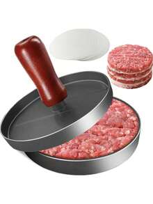 专为汉堡肉饼压制器设计：圆形木柄，喷漆铝合金汉堡肉饼压制板，饭团压制肉馅饼模具。 - 銀色 - 查看 2