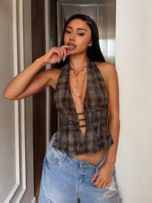 SHEIN HypeZone 街头风女装夏季做旧格子缎带铆钉镂空露背系带无袖衬衫 - 棕色 - 查看 5