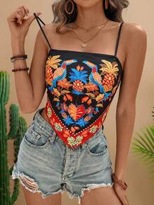 Travachic Áo hai dây nữ in họa tiết lá vẹt, kiểu dáng thường ngày, vạt áo bất đối xứng, thích hợp cho kỳ nghỉ. - màu đen - Xem 3