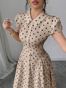 Elenzga Vestido de lunares blanco y negro de estilo vintage, elegante y de negocios para uso diario, con cuello vuelto, botones delanteros, mangas farol y falda acampanada, para mujer. Primavera/Verano - Albaricoque - Ver 3