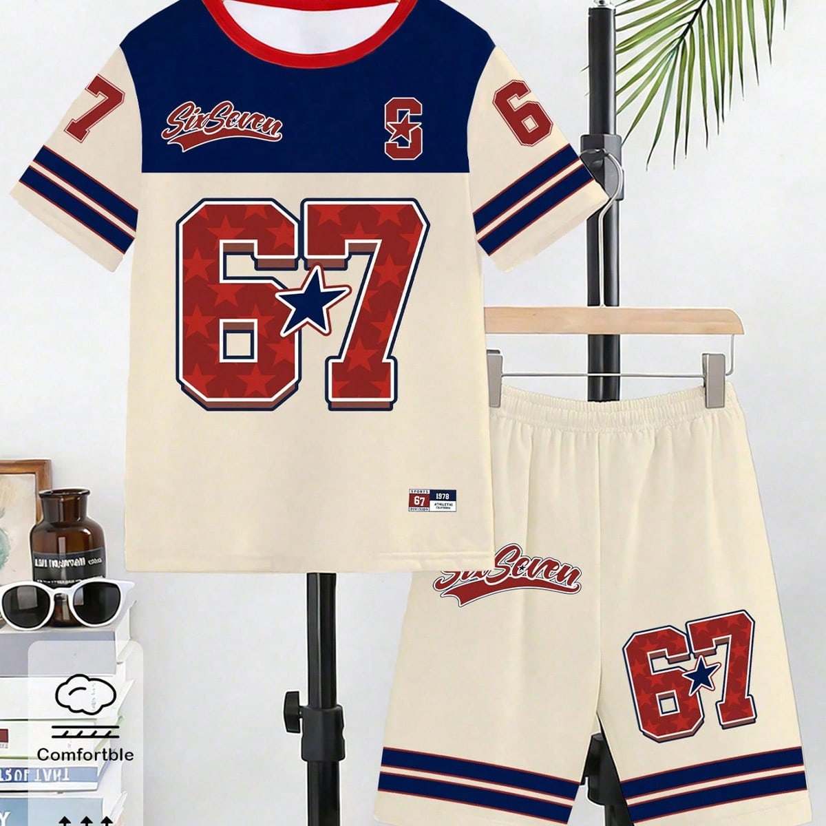 Set de 2 piezas Camiseta de manga corta y pantalones cortos casuales para niños pequeños con estampado numérico 67, estrella, rayas y letras, conju