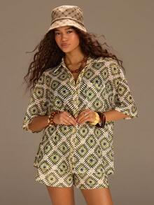 Athîral Women's Summer Boho Vacation Yellow Print Drop Shoulder Blouse And Shorts 2 Pieces Set,Beige Holiday Beach Outfits,Casual Daily Date Outdoor Wear - Multicolor - View 7