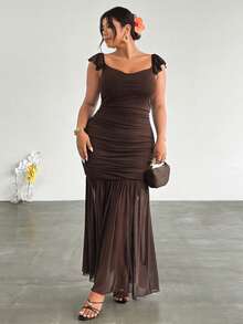 Firerie Robe évasée élégante à taille froncée et nouée pour femmes grandes tailles, en maille. Convient pour les fêtes, les vacances, les festivals de musique, la saison des mariages, les brunchs - Marron - Voir 4