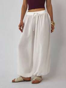 Aloruh Quần ống loe bằng vải lanh trắng kiểu dáng thường ngày mới cho nữ mùa hè và kỳ nghỉ. - trắng - Xem 5