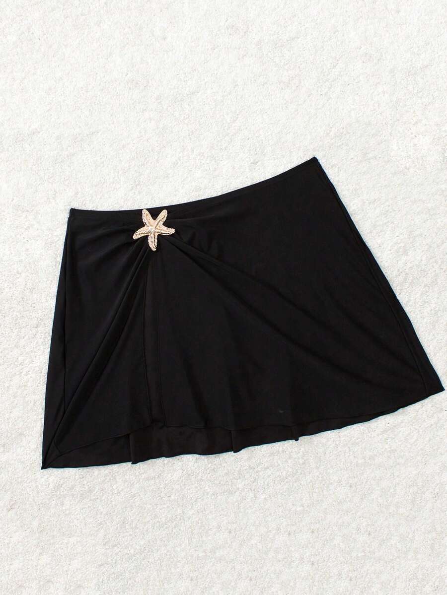 SHEIN Swim Curve Plus Size Women Solid Color One-Piece Casual Beachwear Swimsuit Bottom For Summer Beach Vacation - Black - View 1