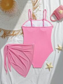 SHEIN 少女连体泳衣，海洋风，粉色底色，饰以贝壳和海星图案，罗纹纹理，细肩带设计，搭配同色薄纱纱笼裙，侧边系带设计，两件套，适合游泳、夏季度假、海滩和海边穿着。 - 淺粉色 - 查看 2