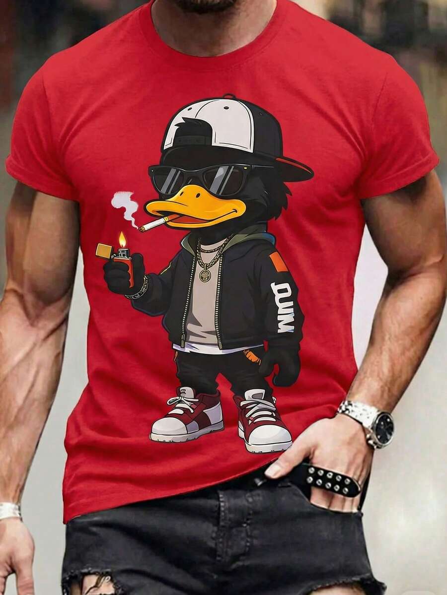 HIMLAND Men's Cartoon Print Red Casual Versatile Short Sleeve T-Shirt Duck Tshirt Hip Hop Graphic Tees Cartoon Graphic Tee Rapper Graphic Tees Men's Rapper Tees