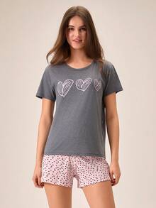 Loomlin Women Cotton 2 Pcs Grey Contrast Colour Heart Printed Round Neck Short Sleeved Shirt& Pink Heart Pattern - Grey - View 4