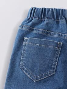 SHEIN 1件装男童休闲牛仔裤，深蓝色水洗，抽绳松紧腰直筒裤，适合所有季节，日常穿着，上学，外出，时尚百搭 - 深色水洗藍 - 查看 4