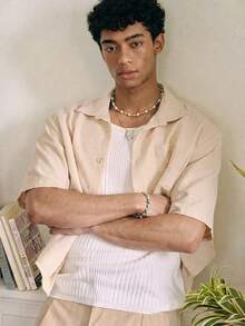 SWAVVY 男士休闲宽松衬衫，舒适简约风格，春夏新款时尚短款男士衬衫，男士方正衬衫，男士短款纽扣衬衫 - 卡其色 - 查看 5