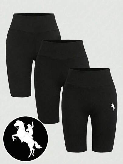 SHEIN Girlism 3pcs Tween Girls Casual Minimalist Horse Print Mid-Length Leggings, Suitable For Spring & Summer Biker Shorts Women Set 3 Pack Shorts Girls Bike Shorts Girls Leggings Shorts