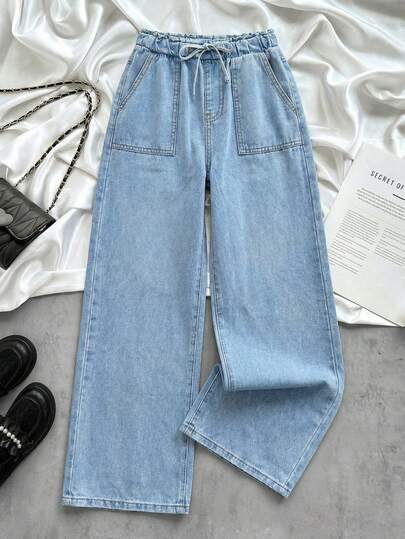 SHEIN Tween Girls Fashion Casual Y2k Vintage Cool Street Summer Causal Drawstring Waist Wide Leg Jeans With Patched Pocket,Girls Summer Clothes Outfits For Best Tween Girl Clothes Tween Girls Dailywear And Tween Girl Spring To Summer Rave Outfits Festival And Outfits Streetwear Clothes