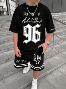 青少年男孩夏季休闲字母数字印花T恤和短裤套装 - 彩色 - 查看 1