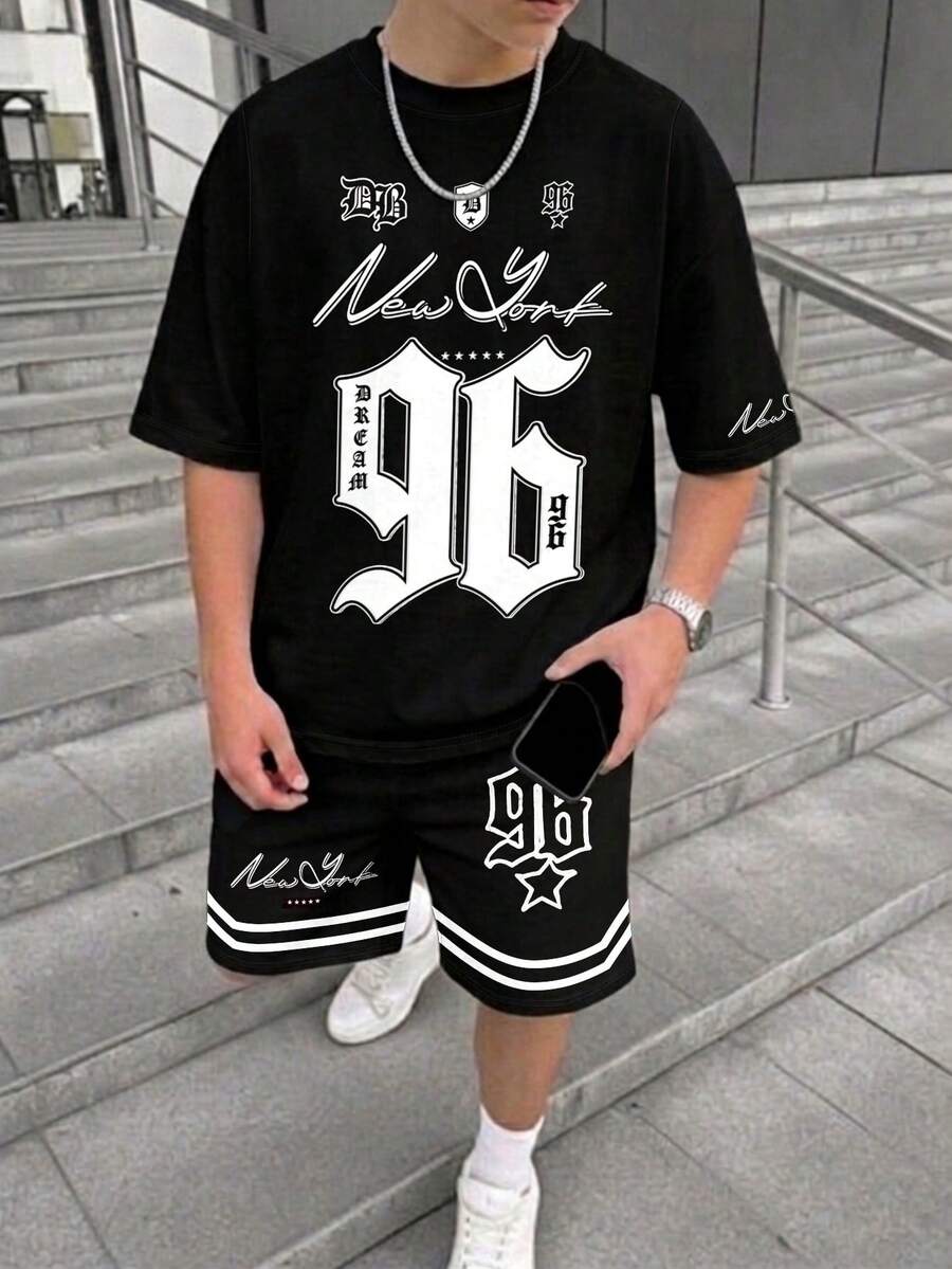 青少年男孩夏季休闲字母数字印花T恤和短裤套装 - 彩色 - 查看 1