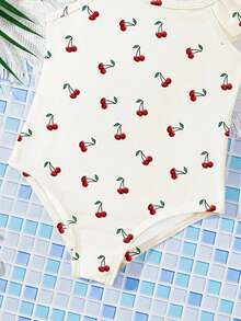 SHEIN Baby Girls Casual Minimalist Cream White Cute Cherry Pattern Fitted Camisole Cap Sleeve Romper Swimsuit, Suitable For Summer - Multicolor - View 4