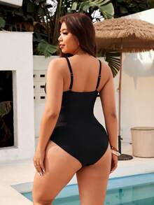 Swim Vcay Maiô elegante de uma peça para mulheres plus size com joias em ouro maciço. - Preto - Ver 2
