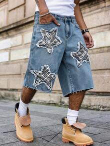 ROMWE MEN Heavy-Duty Washed Star Embroidered Distressed Denim Shorts, Loose Fit Rhinestone Embellished Men's Casual Pants - Blue - View 1