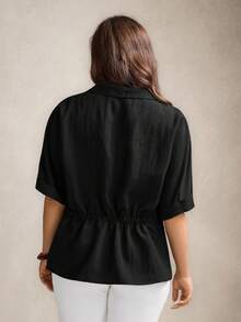 Zelara Plus Size Women Drawstring Waist Short Sleeve Utility Pocket Loose Shirt - Black - View 2