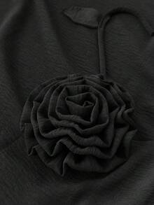 Maweii Modest Plus Size Black Midi Tunic Dress Three Quarter Sleeve Round Neck Woven Fabric With 3D Rose Embellishment - Black - View 6