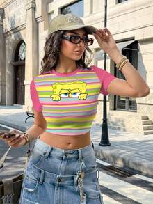 SpongeBob SquarePants | SHEIN 女士休闲彩色条纹卡通印花短款T恤，夏季 - 白色 - 查看 5