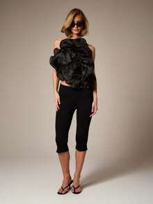 AiiRZ 女士黑色缎面欧根纱花朵多穿式上衣或迷你裙，荷叶边下摆，系带腰身，适合晚宴派对，优雅短款，充满女性魅力 - 黑色 - 查看 6