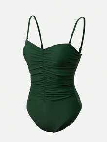 Swim Oasis Dark Green Summer Elegant Beach Holiday Women's Waist Gathered One-Piece Swimwear&Printed Cover-Up Dress Set, Casual Music Festival Party Outfits - Army Green - View 3