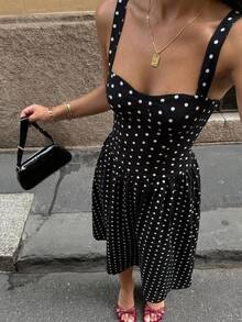 SHEIN EZwear French Polka Dot Dress Elegant  Black Polka Dot Woven Camisole Vacation Dress Black Polka Dot Dress - Black - View 10