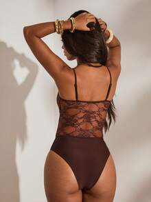 Women's Vacation Contrast Lace Ruffle Sexy One-Piece Swimsuit Summer Beach - Brown - View 2