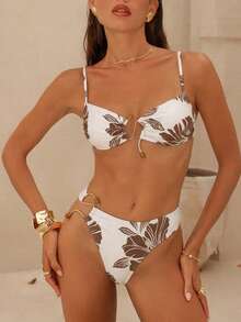 Swim Chiccia 女士优雅浪漫海岛度假亚克力金属几何印花比基尼套装，2026春夏新款女士泳装海滩度假系列：优雅、浪漫、性感、甜美；简约、休闲、百搭；采用蝴蝶结比基尼设计，配有可拆卸胸垫，以及充满活力的假日主题彩色印花。完美适用于夏季郊游、海滩度假、海岛之旅、日光浴、公路旅行、游轮宴会、下午茶、烛光晚餐、浪漫约会、私人派对、日常穿着、休闲风格，甚至音乐节。清凉夏日海滩之旅必备泳装！女士比基尼套装，女士泳衣套装，度假套装，女士比基尼套装，女士海滩套装，两件式聚拢泳衣 - 卡其色 - 查看 4