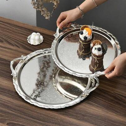Khay tròn sang trọng có tay cầm, khay tiệc ngày lễ và đĩa phục vụ, bộ đồ ăn cho các buổi họp mặt, lễ chúc phúc, khay đựng mỹ phẩm và trang sức (3 kích cỡ)