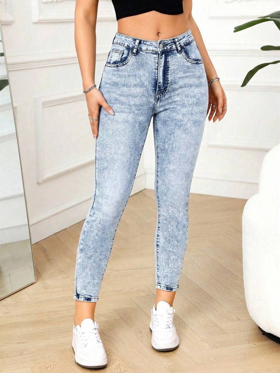 SHEIN PETITE Quần jean denim nữ dáng ôm có túi, đa năng, thích hợp mặc thường ngày. - Rửa nhẹ - Xem 1