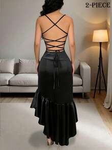 Rafferiza 黑色荷叶边下摆优雅吊带背心搭配黑色荷叶边下摆半裙，两件套鸡尾酒会服装 - 黑色 - 查看 2