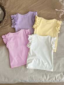 SHEIN LMoss Kids 4件套女童纯色圆领荷叶边修身T恤套装 - 彩色 - 查看 2