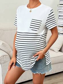SHEIN Pregnant Women's Patchwork Striped Pocket Round Neck Short Sleeve Casual Nursing T-Shirt - White - View 3