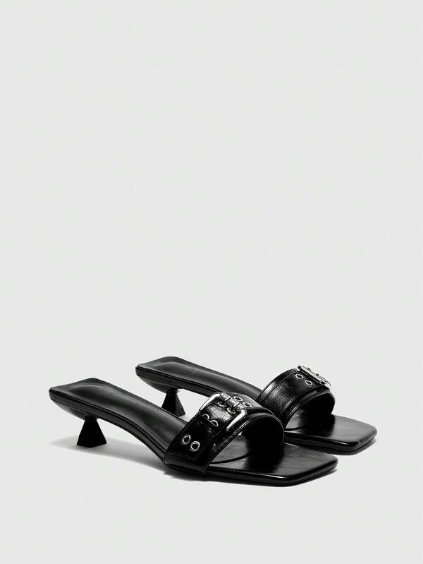 CUCCOO BIZCHIC 春夏新款户外女士黑色方头露趾高跟凉鞋，女士细高跟法式凉鞋，带裙摆和金属扣