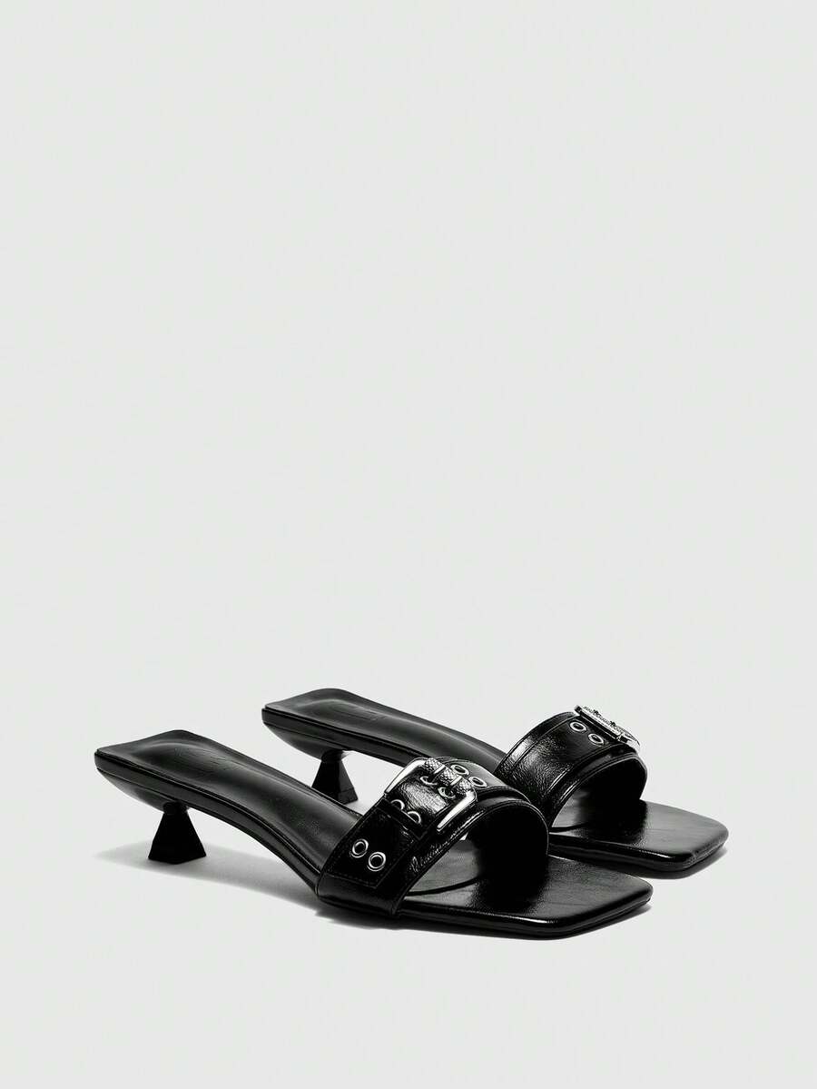 CUCCOO BIZCHIC Spring And Summer New Outdoor Women's Black Square Toe Open-Toed High-Heeled Sandals Women's Stiletto French With Skirt With Metal Buckle Sandals - Black - View 1