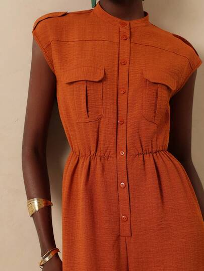 Vesra Stand Collar Sleeveless Epaulet Pocket Elastic Waist Drawstring Loose Women Jumpsuit