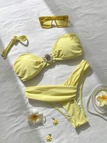 Swim Mod Bộ bikini quây 2 mảnh màu trơn dành cho nữ, mẫu mới mùa xuân/hè 2026, đồ bơi thanh lịch cho kỳ nghỉ biển. - Màu vàng - Xem 3