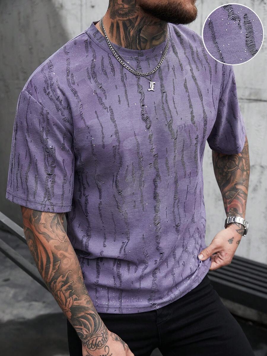 SLATEMANN Men's Casual Ripped Short Sleeve T-Shirt, Summer - Purple - View 1