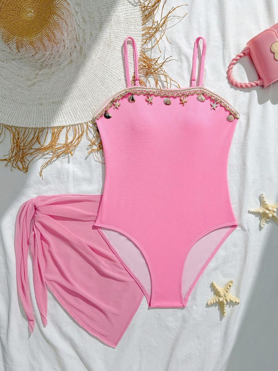 SHEIN Tween Girl 1pc Pink Swimsuit,Cute Shell & Starfish Decor Ribbed Bathing Suit With Sheer Sarong Skirt 2pcs Set,Summer Beach Holiday Ocean Girl Style - Baby Pink - View 1