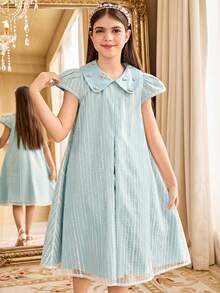 SHEIN Đầm suông tay cánh hoa kiểu dáng thường ngày cho bé gái tuổi teen - Màu xanh Bạc hà - Xem 4