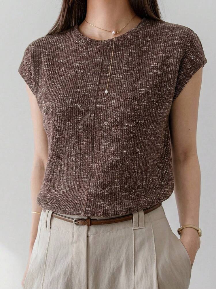 Fashionable Textured Brown Casual Minimalist Design Splice Office Business Casual Commute Elegant Short Sleeve T-Shirt For Women, Suitable For Summer & Spring